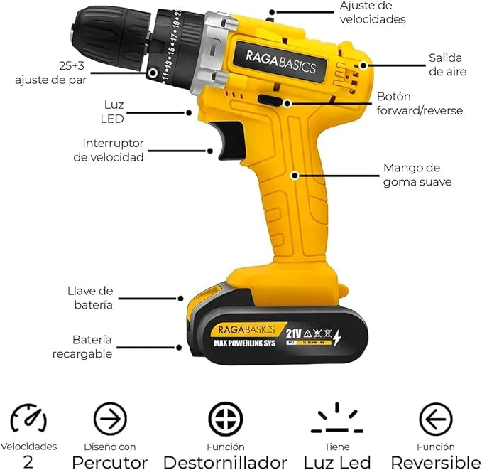 Taladro Eléctrico y Inalámbrico de 21V, Herramienta Profesional 3 en 1
