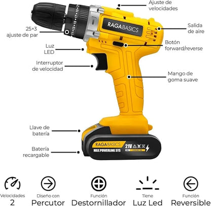 Taladro Eléctrico y Inalámbrico de 21V, Herramienta Profesional 3 en 1