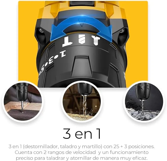 Taladro Eléctrico y Inalámbrico de 21V, Herramienta Profesional 3 en 1
