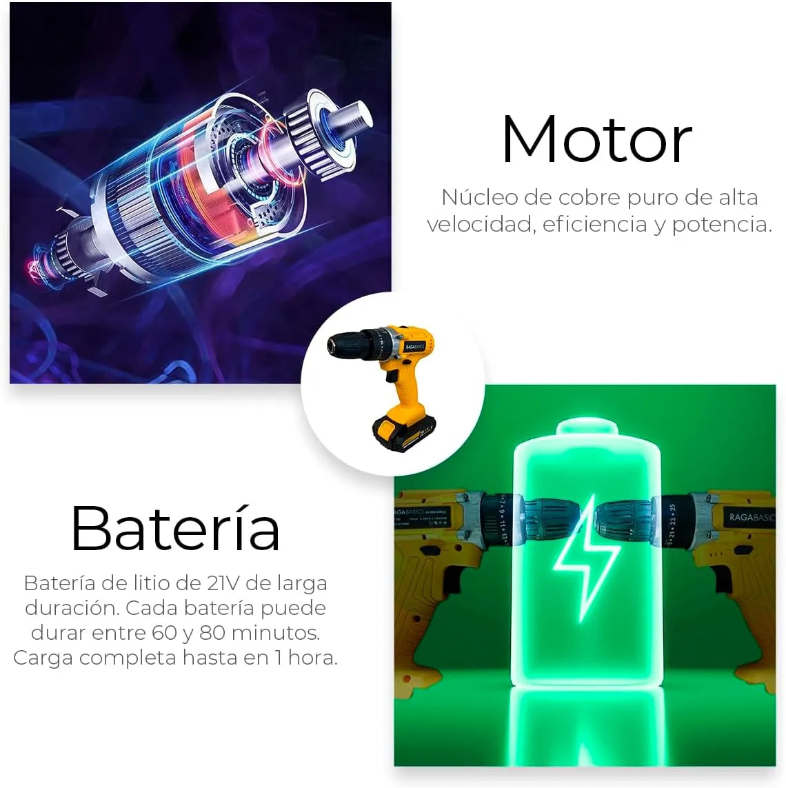 Taladro Eléctrico y Inalámbrico de 21V, Herramienta Profesional 3 en 1