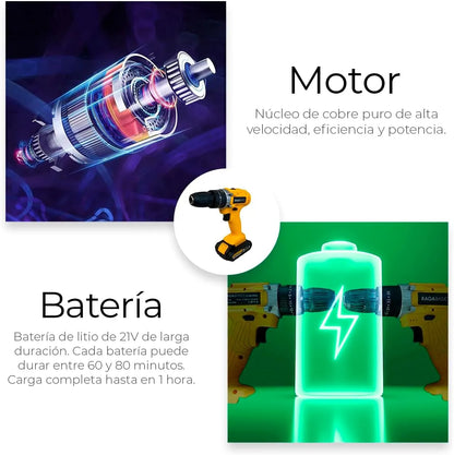 Taladro Eléctrico y Inalámbrico de 21V, Herramienta Profesional 3 en 1